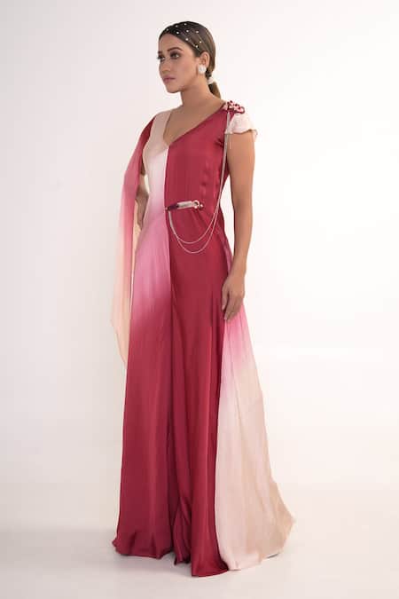Merge Design_Maroon Modal, Satin, Crepe V-neck Ombre Jumpsuit _at_Aza_Fashions