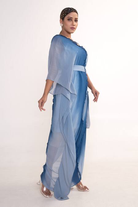 Merge Design_Blue Georgette, Crepe V-neck Shaded Draped Kaftan With Belt _Online_at_Aza_Fashions