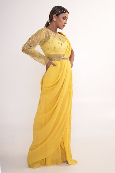 Merge Design_Yellow Georgette, Net, Crepe Embroidery Boat Neck Solid Pre-draped Saree Set _Online_at_Aza_Fashions