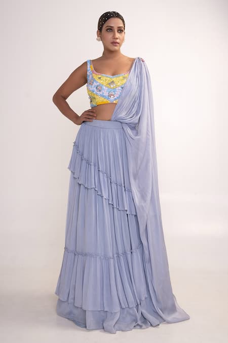 Merge Design_Blue Georgette, Chiffon Sequins Embroidered Blouse And Tiered Lehenga Set _at_Aza_Fashions