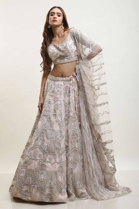 Buy_Kalighata_Pink Organza Cut Work, Sequins Mughal Embellished Bridal Lehenga Set _Online_at_Aza_Fashions