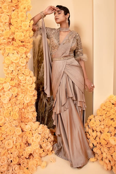 Adi By Aditya Khandelwl_Beige Modal, Satin, Net Sequins, Crystals, Double Palla Pre-draped Saree Set _Online_at_Aza_Fashions