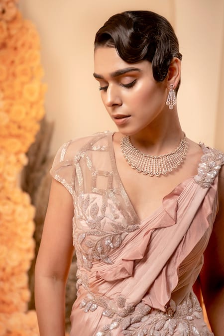 Buy_Adi By Aditya Khandelwl_Pink Net, Crepe Sequins, Pearls, Crystals, Beads Asymmetric Ruffle Saree Gown _Online_at_Aza_Fashions