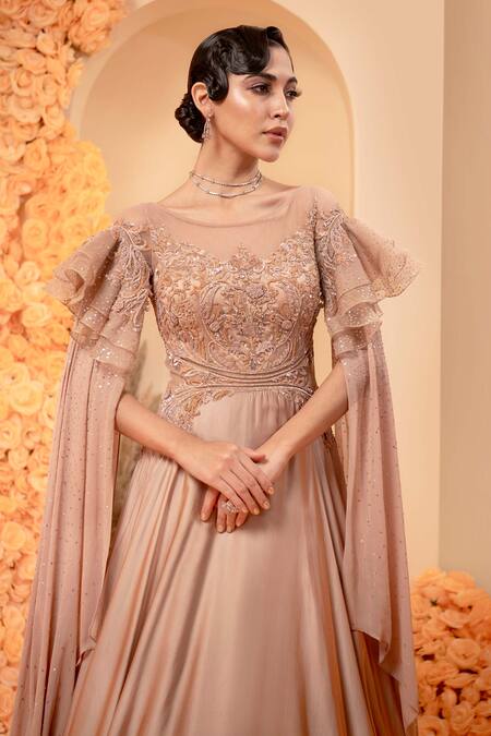 Adi By Aditya Khandelwl_Pink Net, Georgette, Modal Sequins, Beads Boat Neck Cape Sleeve Embroidered Gown _Online_at_Aza_Fashions