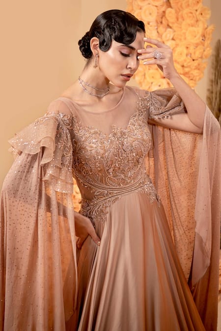 Buy_Adi By Aditya Khandelwl_Pink Net, Georgette, Modal Sequins, Beads Boat Neck Cape Sleeve Embroidered Gown _Online_at_Aza_Fashions
