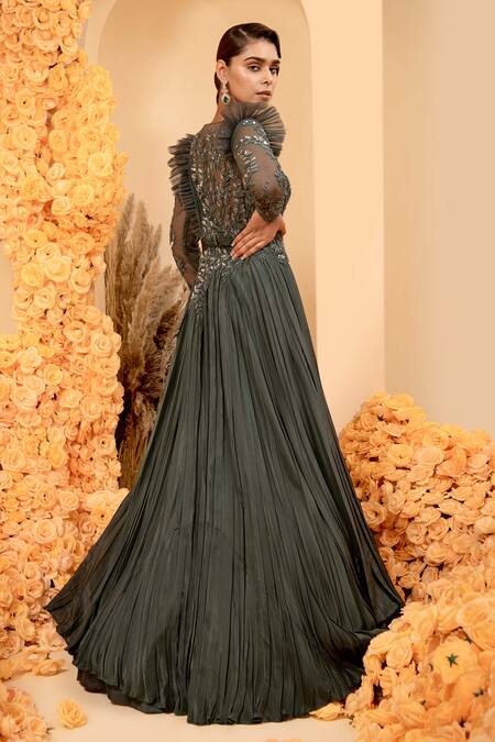 Buy_Adi By Aditya Khandelwl_Black Net, Handloom Cotton Sequins, Beads Embroidered Bodice Pleated Silk Gown _Online_at_Aza_Fashions