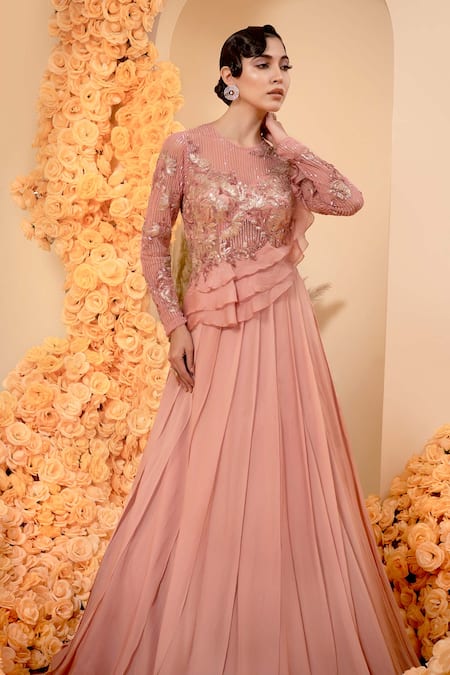 Adi By Aditya Khandelwl_Pink Organza, Georgette Sequins, Beads Round Neck Embroidered Bodice Ruffle Gown _Online_at_Aza_Fashions