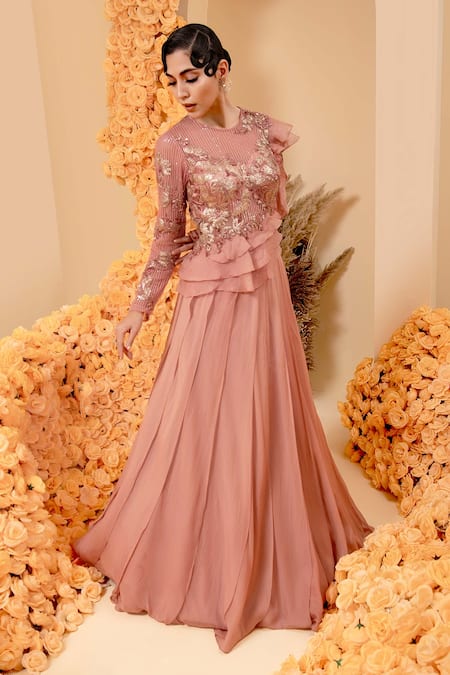 Buy_Adi By Aditya Khandelwl_Pink Organza, Georgette Sequins, Beads Round Neck Embroidered Bodice Ruffle Gown _Online_at_Aza_Fashions