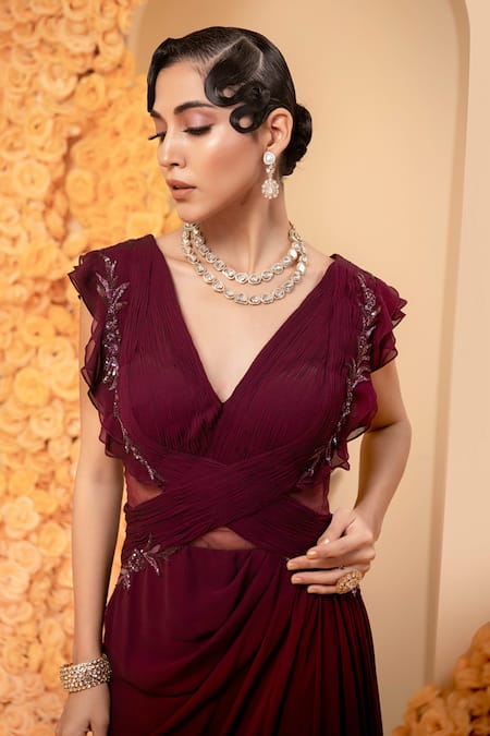 Adi By Aditya Khandelwl_Wine Georgette Crystals, Beads V-neck Draped Gown _Online_at_Aza_Fashions