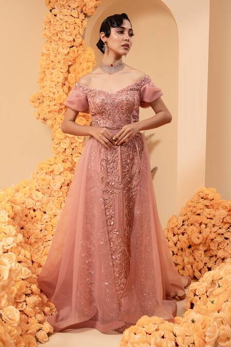 Adi By Aditya Khandelwl_Pink Net, Satin, Organza Beads, Sequins, Floral Embroidered Gown With Trail _Online_at_Aza_Fashions