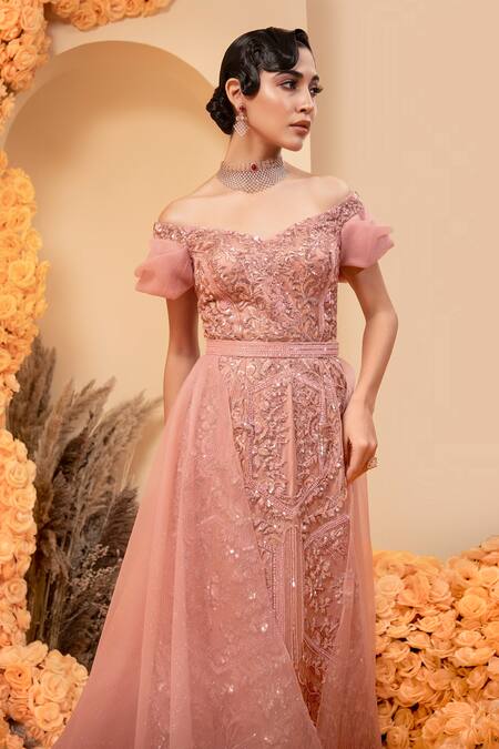 Buy_Adi By Aditya Khandelwl_Pink Net, Satin, Organza Beads, Sequins, Floral Embroidered Gown With Trail _Online_at_Aza_Fashions