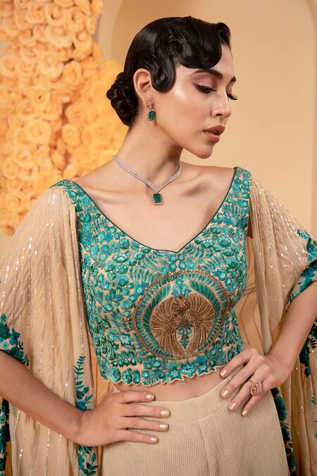 Buy_Adi By Aditya Khandelwl_Beige Bodice Silk Embroidery Multi Color Thread Work Wide V Cape And Palazzo Set _Online_at_Aza_Fashions