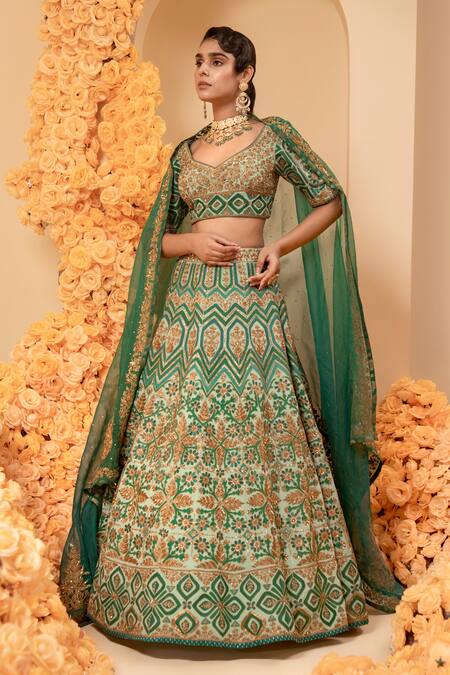 Adi By Aditya Khandelwl_Green Crepe, Organza Diamonds, Sequins Applique Embroidered Bridal Lehenga Set _Online_at_Aza_Fashions