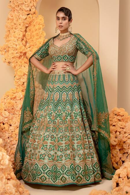 Buy_Adi By Aditya Khandelwl_Green Crepe, Organza Diamonds, Sequins Applique Embroidered Bridal Lehenga Set _Online_at_Aza_Fashions