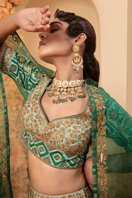 Shop_Adi By Aditya Khandelwl_Green Crepe, Organza Diamonds, Sequins Applique Embroidered Bridal Lehenga Set _Online_at_Aza_Fashions