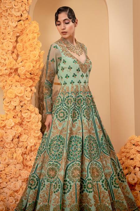 Adi By Aditya Khandelwl_Green Crepe Embroidery, Applique, Zari, Sequins Leaf Anarkali With Dupatta _Online_at_Aza_Fashions