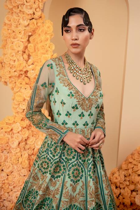 Buy_Adi By Aditya Khandelwl_Green Crepe Embroidery, Applique, Zari, Sequins Leaf Anarkali With Dupatta _Online_at_Aza_Fashions