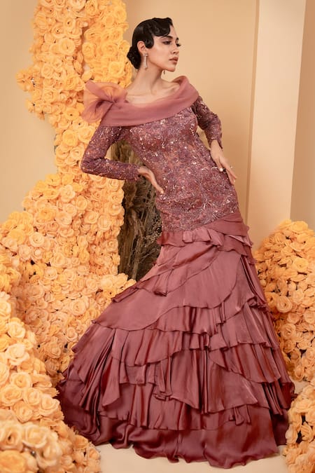 Adi By Aditya Khandelwl_Pink Net, Satin, Organza, Georgette Sequins, Beads Off Embroidered Ruffle Gown _Online_at_Aza_Fashions