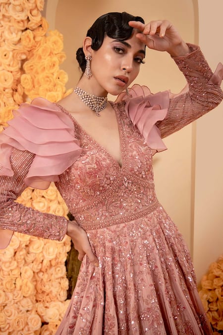 Adi By Aditya Khandelwl_Pink Net, Crepe, Organza Sequins, Beads, Embroidery Floral Full Sleeve Gown _Online_at_Aza_Fashions