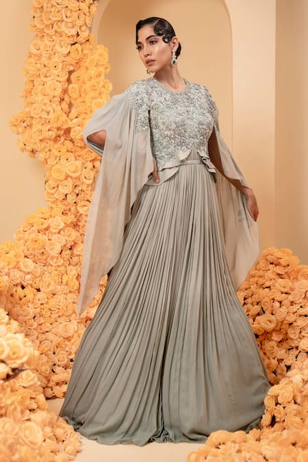 Adi By Aditya Khandelwl_Grey Net, Georgette Beads, Sequins Round Neck Embroidered Bodice Draped Gown _Online_at_Aza_Fashions