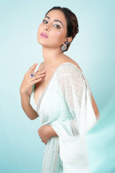 Neeta Lulla Blue Tulle Pearl, Stones Plunge Lela Sequin Saree With Embroidered Blouse Online at Aza Fashions Neeta Lulla_Blue Tulle Pearl, Stones Plunge Lela Sequin Saree With Embroidered Blouse_Online_at_Aza_Fashions