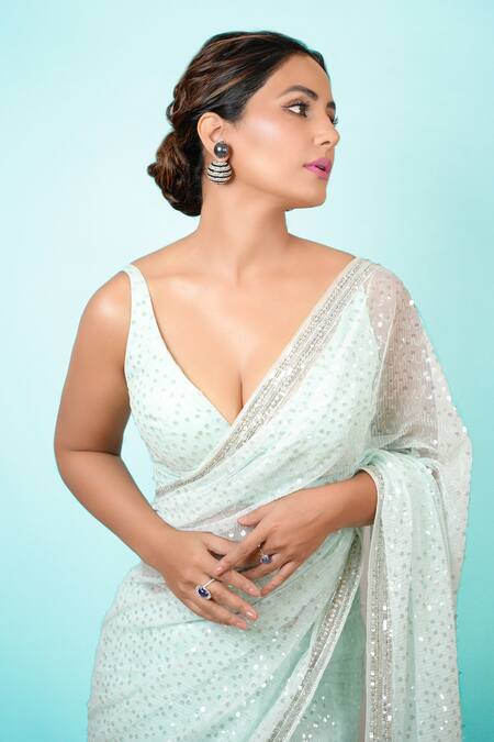 Neeta Lulla Blue Tulle Pearl, Stones Plunge Lela Sequin Saree With Embroidered Blouse at Aza Fashions Neeta Lulla_Blue Tulle Pearl, Stones Plunge Lela Sequin Saree With Embroidered Blouse_at_Aza_Fashions