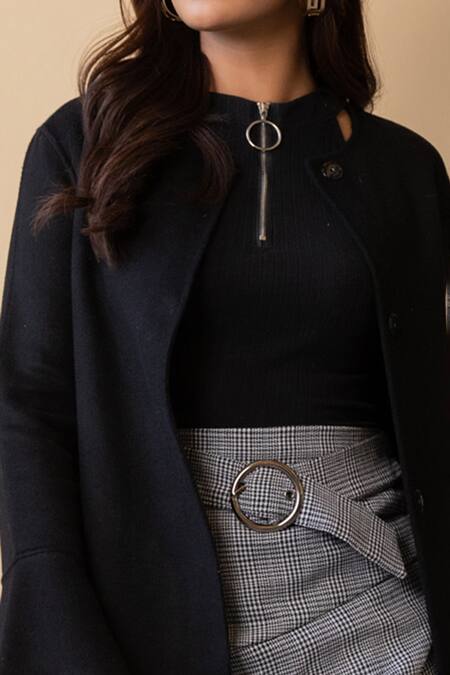 B'Infinite_Black Suede Houndstooth Blazer Dress And Pattern Skirt_Online_at_Aza_Fashions