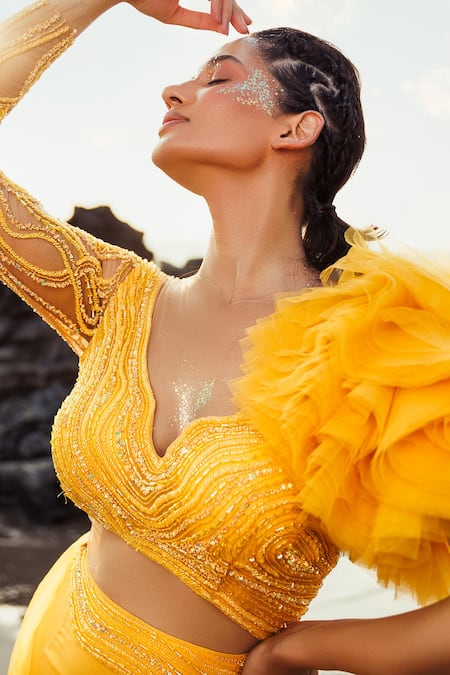 Bhawna Rao_Yellow Silk, Tulle Embroidery Open Neck Front Slit Waist Cutout Gown _Online_at_Aza_Fashions