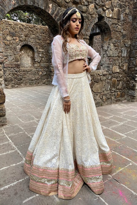 Buy_Priti Sahni_Ivory Silk, Organza, Georgette Pearls, Mirrorwork Floral Jacket Lehenga Set _Online_at_Aza_Fashions