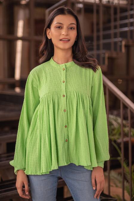 B'Infinite_Green Cotton Round Neck Frill Hem Top_Online_at_Aza_Fashions