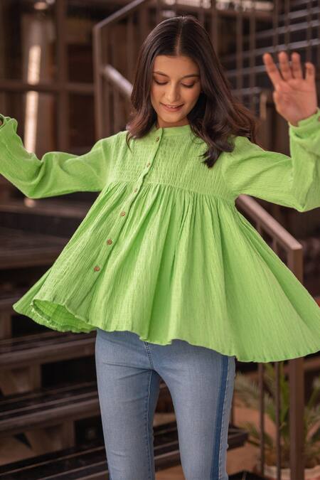 Shop_B'Infinite_Green Cotton Round Neck Frill Hem Top_Online_at_Aza_Fashions