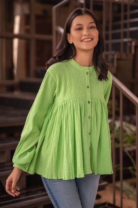 B'Infinite_Green Cotton Round Neck Frill Hem Top_at_Aza_Fashions