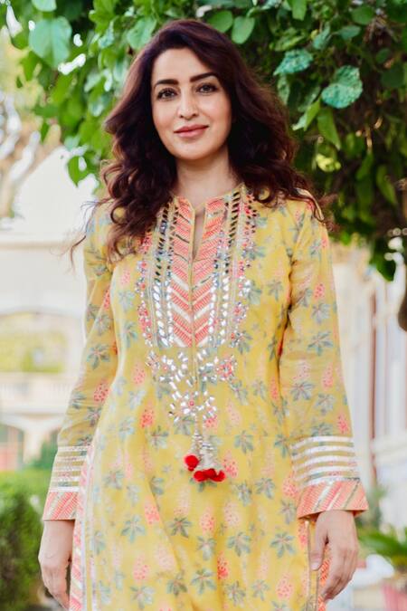 Gopi Vaid_Yellow Cotton Silk Print Floral Round Neck Radha Bloom Tunic _Online_at_Aza_Fashions