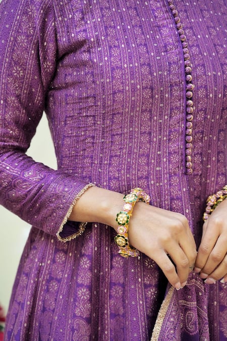 Safaa_Purple Velvet Embroidery Round Neck The Shezan Paisley Woven Anarkali Set _Online_at_Aza_Fashions