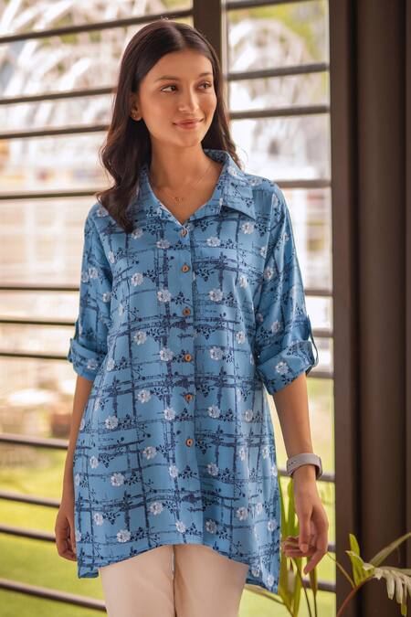 Buy_B'Infinite_Blue Rayon Embroidery Floral Vine Pattern Asymmetric Shirt_Online_at_Aza_Fashions