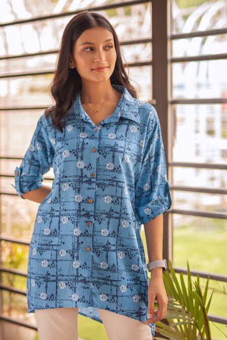 B'Infinite_Blue Rayon Embroidery Floral Vine Pattern Asymmetric Shirt_at_Aza_Fashions