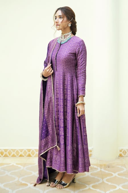 Shop_Safaa_Purple Velvet Embroidery Round Neck The Shezan Paisley Woven Anarkali Set _Online_at_Aza_Fashions