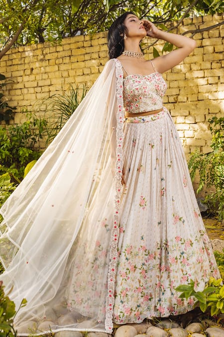 Shop Suruchi Parakh White Georgette, Crepe, Linen Pearls, Sequins, Floral Pattern Lehenga Set Online at Aza Fashions Shop_Suruchi Parakh_White Georgette, Crepe, Linen Pearls, Sequins, Floral Pattern Lehenga Set _Online_at_Aza_Fashions