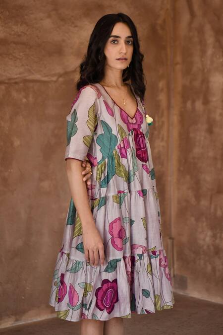 Taro_Gray Chanderi Silk Beads V-neck Floral Foliage Print Tiered Dress _Online_at_Aza_Fashions