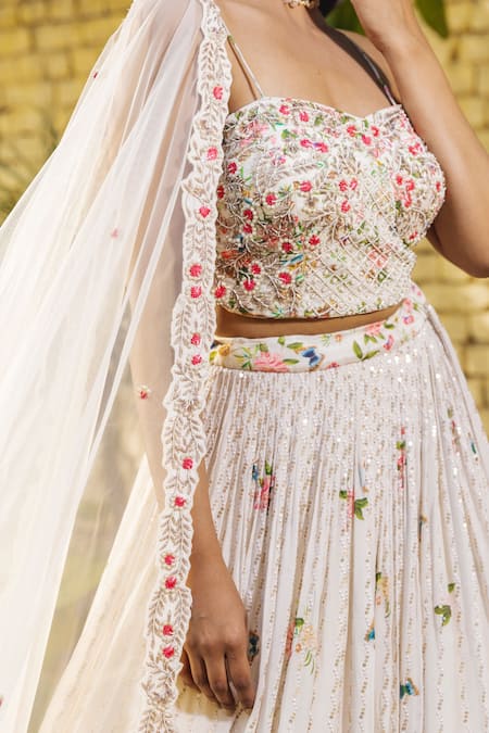 Buy Suruchi Parakh White Georgette, Crepe, Linen Pearls, Sequins, Floral Pattern Lehenga Set Buy_Suruchi Parakh_White Georgette, Crepe, Linen Pearls, Sequins, Floral Pattern Lehenga Set