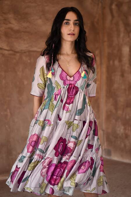 Shop_Taro_Gray Chanderi Silk Beads V-neck Floral Foliage Print Tiered Dress _Online_at_Aza_Fashions