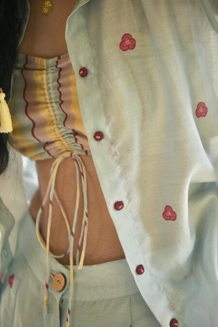 Taro_Blue Chanderi Silk Printed Floral And Stripe Shirt Collar Pant Set _Online_at_Aza_Fashions