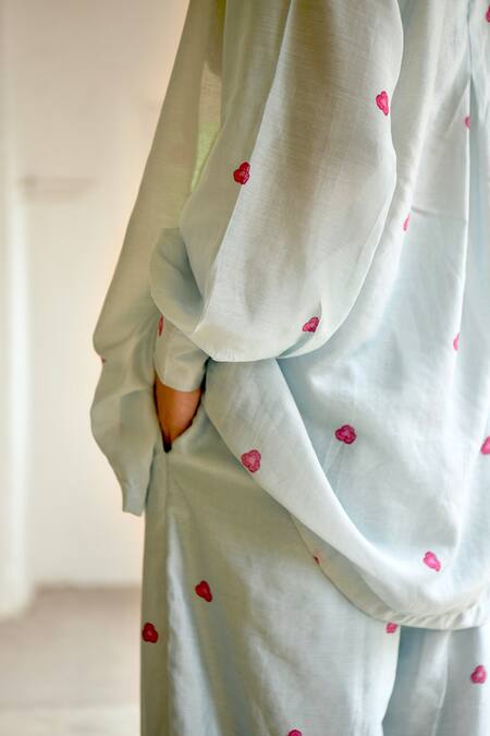 Shop_Taro_Blue Chanderi Silk Printed Floral And Stripe Shirt Collar Pant Set _Online_at_Aza_Fashions