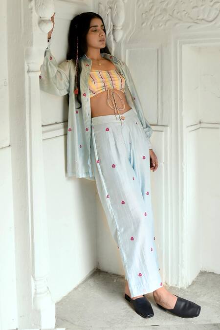 Taro_Blue Chanderi Silk Printed Floral And Stripe Shirt Collar Pant Set _at_Aza_Fashions