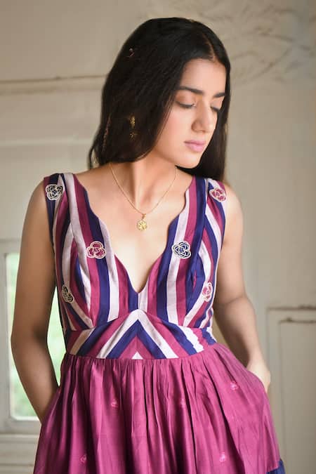 Taro_Multi Color Chanderi Silk Embroidery V-neck Bloomy Merlot Tiered Dress _Online_at_Aza_Fashions