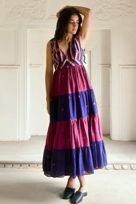 Buy_Taro_Multi Color Chanderi Silk Embroidery V-neck Bloomy Merlot Tiered Dress _Online_at_Aza_Fashions