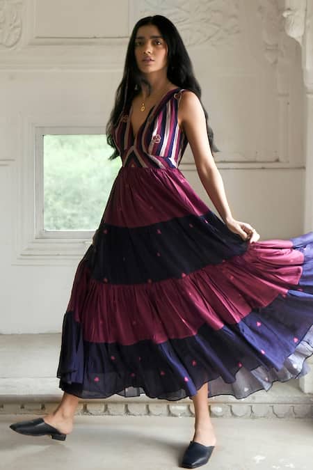 Taro_Multi Color Chanderi Silk Embroidery V-neck Bloomy Merlot Tiered Dress _at_Aza_Fashions