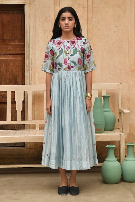 Taro_Blue Chanderi Silk Embroidery, Beads Round Neck Daisy Gathered Dress _Online_at_Aza_Fashions