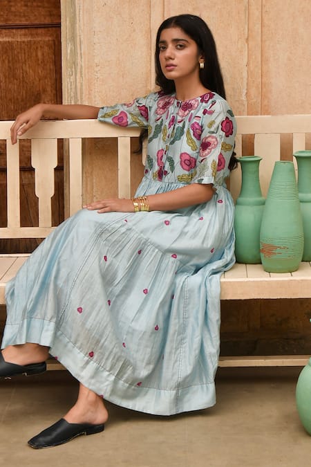 Shop_Taro_Blue Chanderi Silk Embroidery, Beads Round Neck Daisy Gathered Dress _Online_at_Aza_Fashions