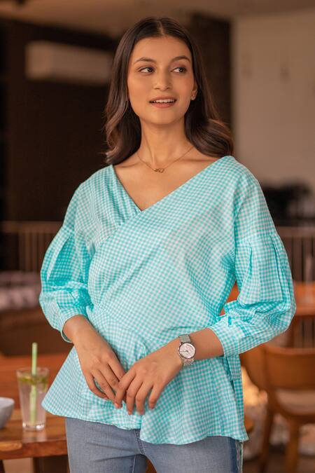 B'Infinite Blue Cotton Chequered V Neck Pattern Overlap Top Online at Aza Fashions B'Infinite_Blue Cotton Chequered V Neck Pattern Overlap Top_Online_at_Aza_Fashions